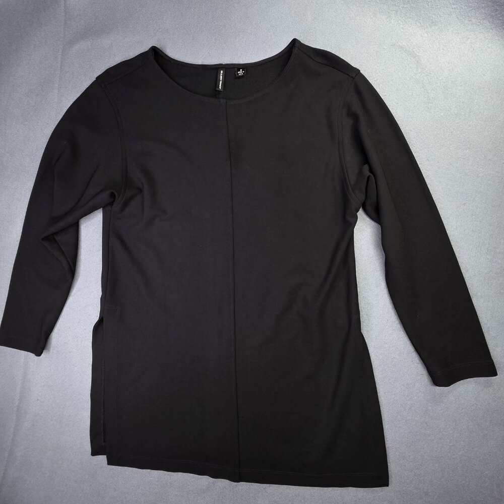 Ellen Tracy Shirt Women S Black Long Sleeve Tunic Slit Union Made USA Minimalist